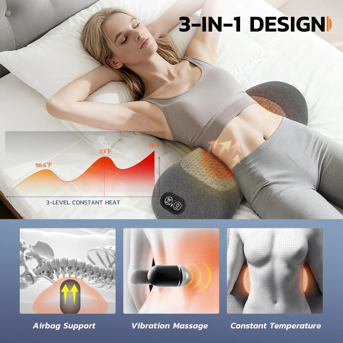3-in-1 design: air lift support, vibration massage and warm heat